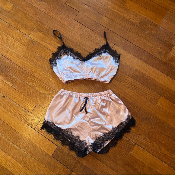 SHEIN Other - SHEIN Pink Satin Pajama Set with Black Lace